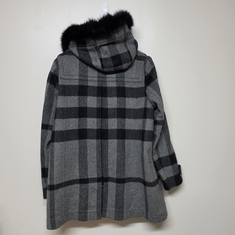 Burberry‎ Brit Gray Plaid Wool Duffle Coat Blue Fox Fur Hood Womens US 10 IT 44 - Picture 7 of 16